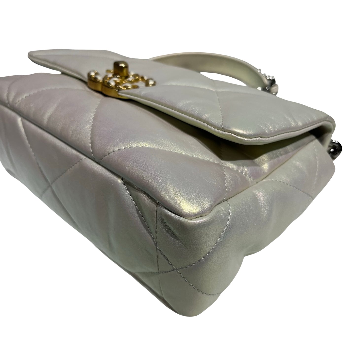 CHANEL 19 SMALL SIZE IRIDESCENT WHITE GHW CHAIN SHOUDLER BAG[3001186]