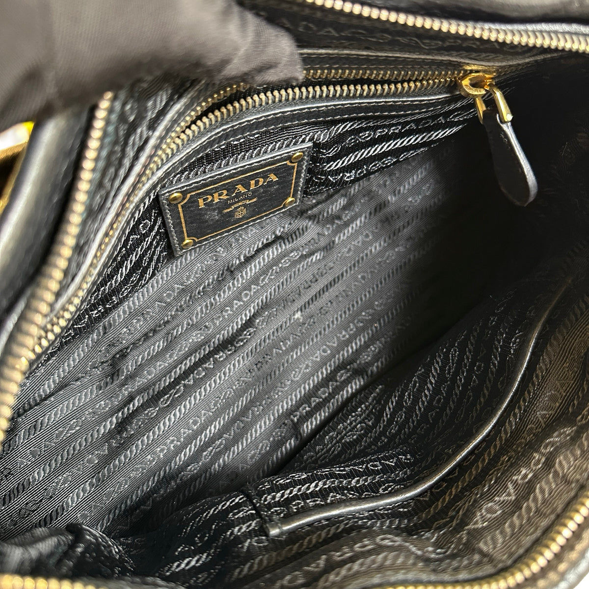 Used PRADA Nylon Leather Tessuto Vitello Daino Satchel Handbag Black Gold