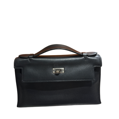 Used HERMES Leather Kelly Pochette Handbag Black Silver