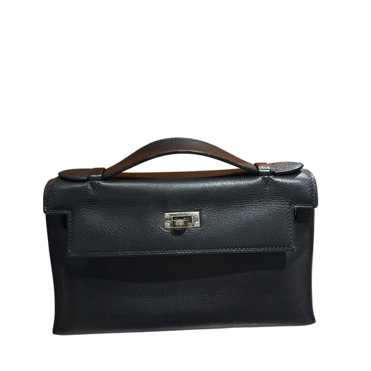 Used HERMES Leather Kelly Pochette Handbag Black Silver