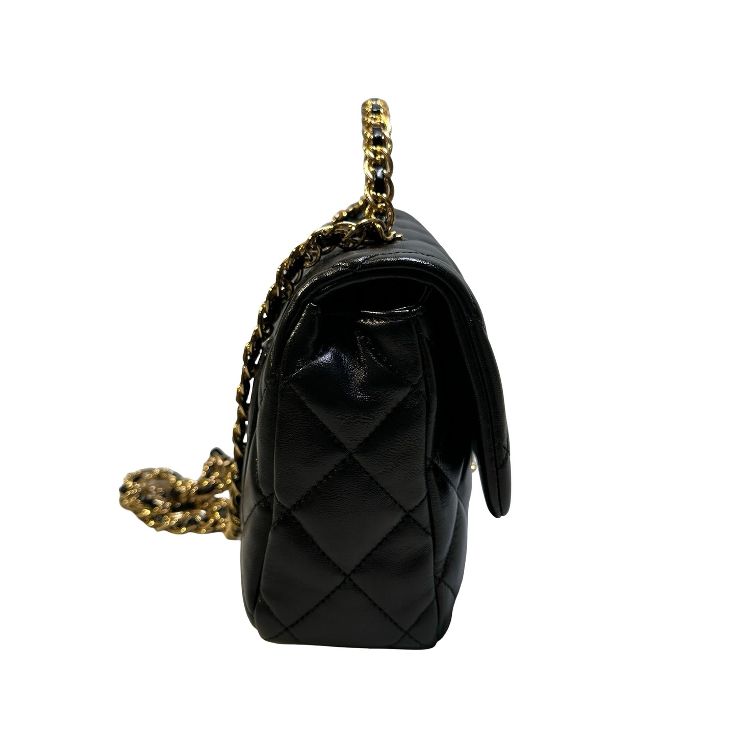 Used CHANEL Quilted Lambskin Top Handle Flap Bag Handbag Black