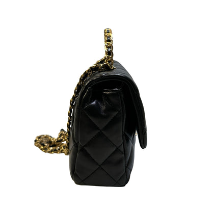 Used CHANEL Quilted Lambskin Top Handle Flap Bag Handbag Black