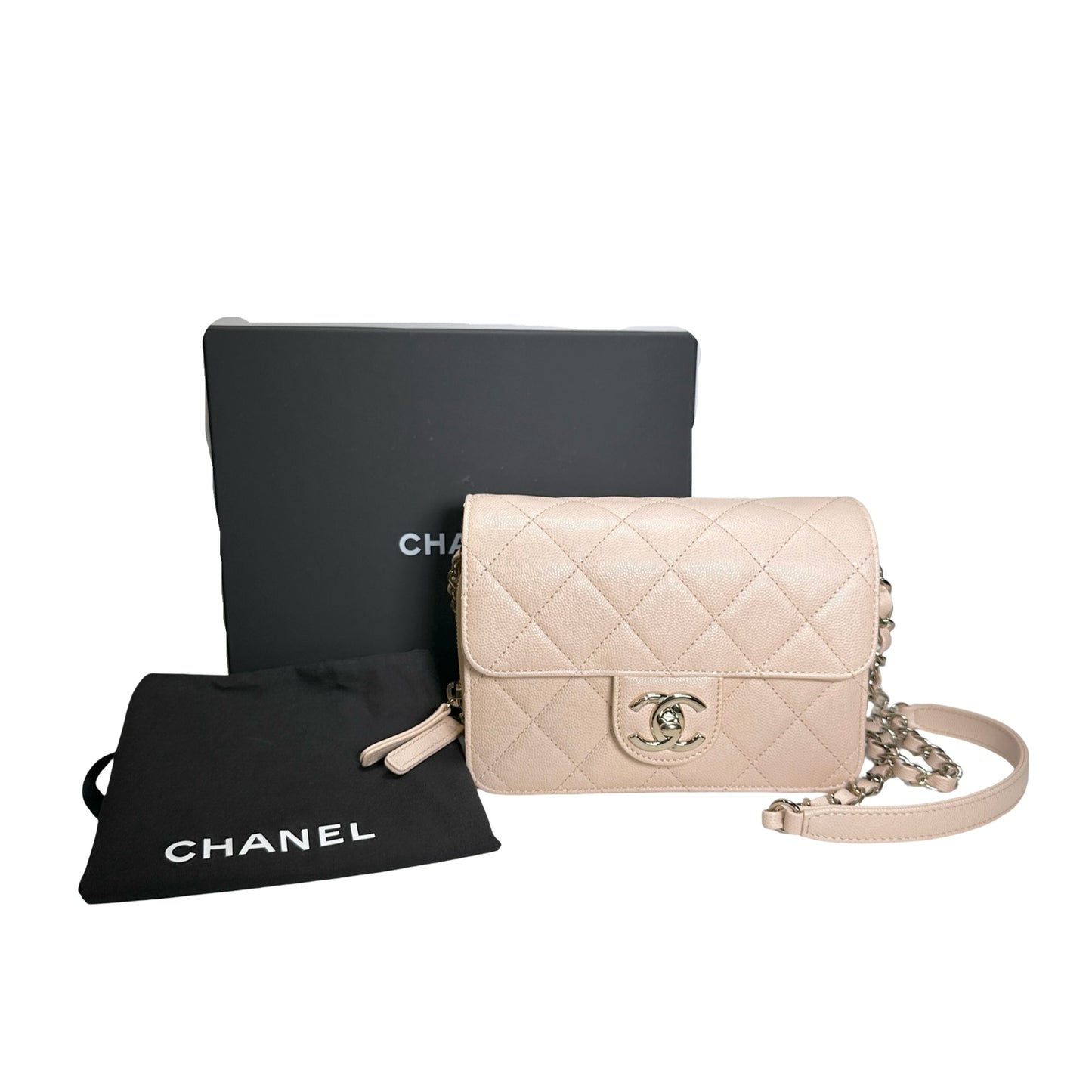 Used CHANEL Quilted Caviar Flap Bag Chain Shoulder Bag Beige