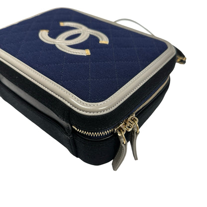Used Chanel Canvas Calfskin Leather Vanity Case Vanity case Black Gray GHW