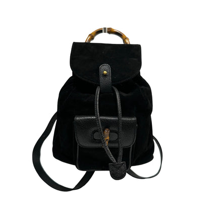 Used GUCCI Suede Leather Bamboo Bamboo Suede Backpack Backpack Black