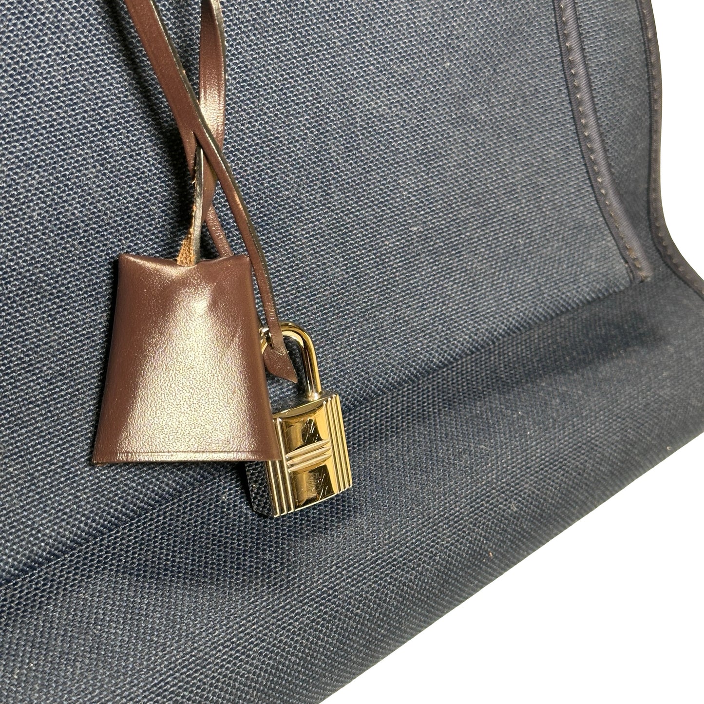 Used HERMES Toile Hunter Herbag Zip Handbag Navy Blue Brown