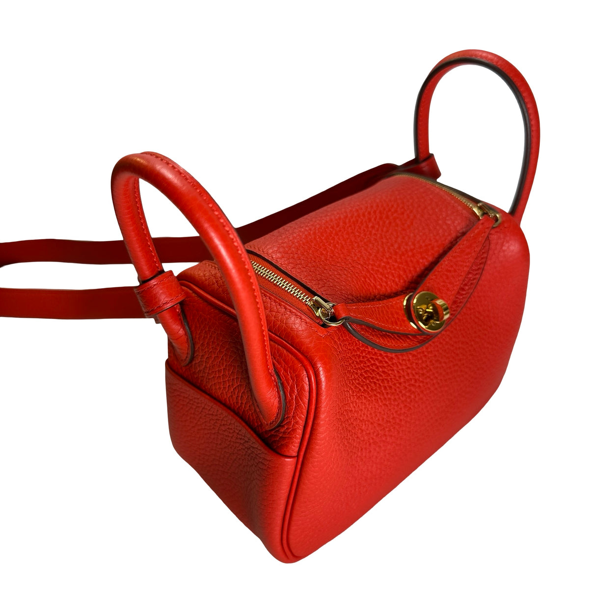 Used HERMES Togo Leather Mini Lindy Handbag Red GHW