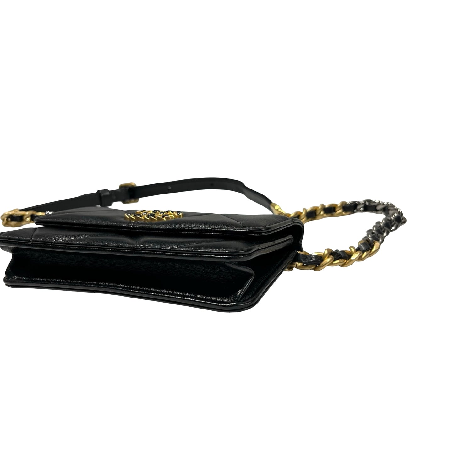 Used CHANEL Lambskin Leather 19 Belt Cross Body Bag Black GHW