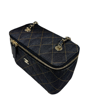 Used CHANEL Quilted Denim Vanity Case Vanity case Navy blue
