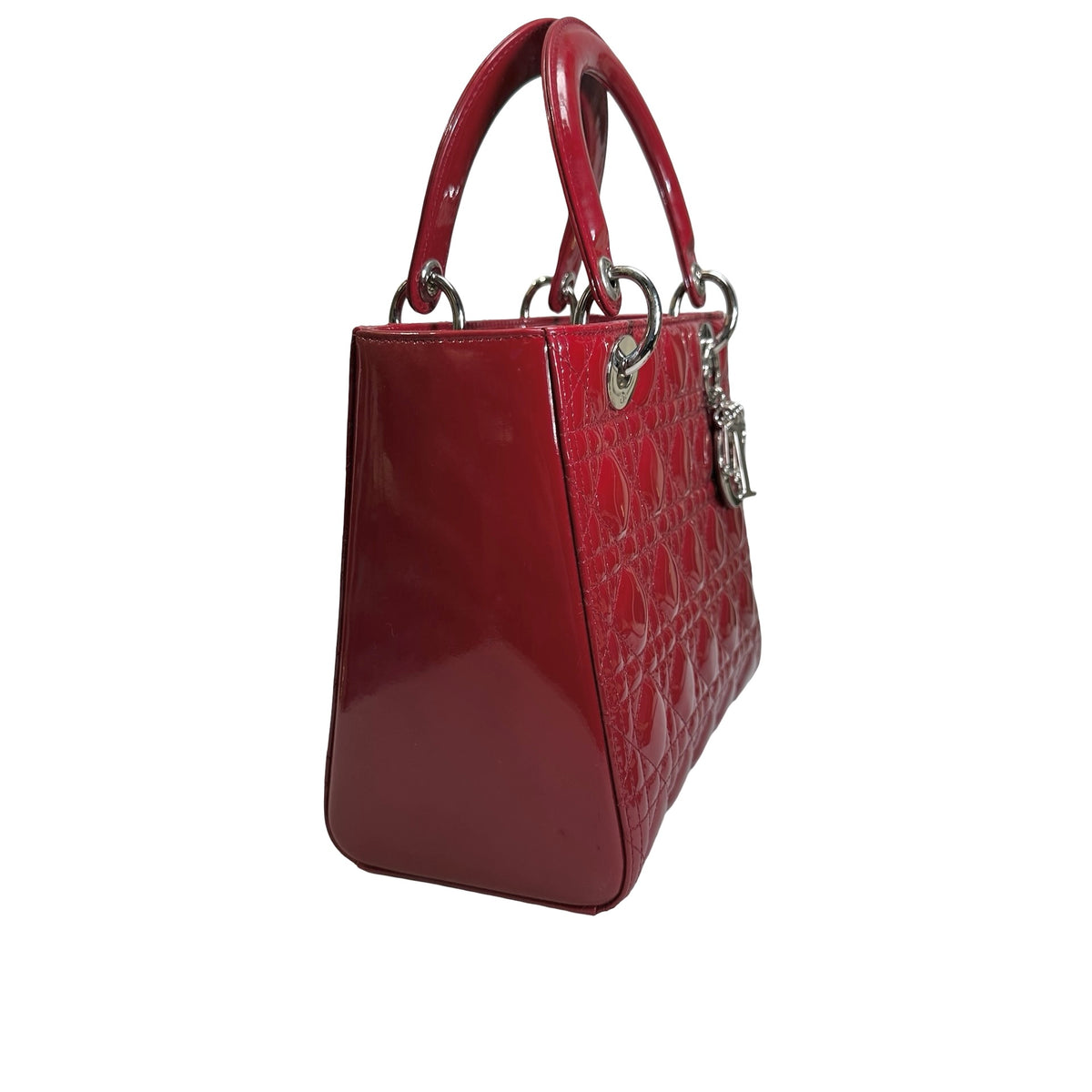Used DIOR Cannage Patent Leather Lady Dior Handbag Red