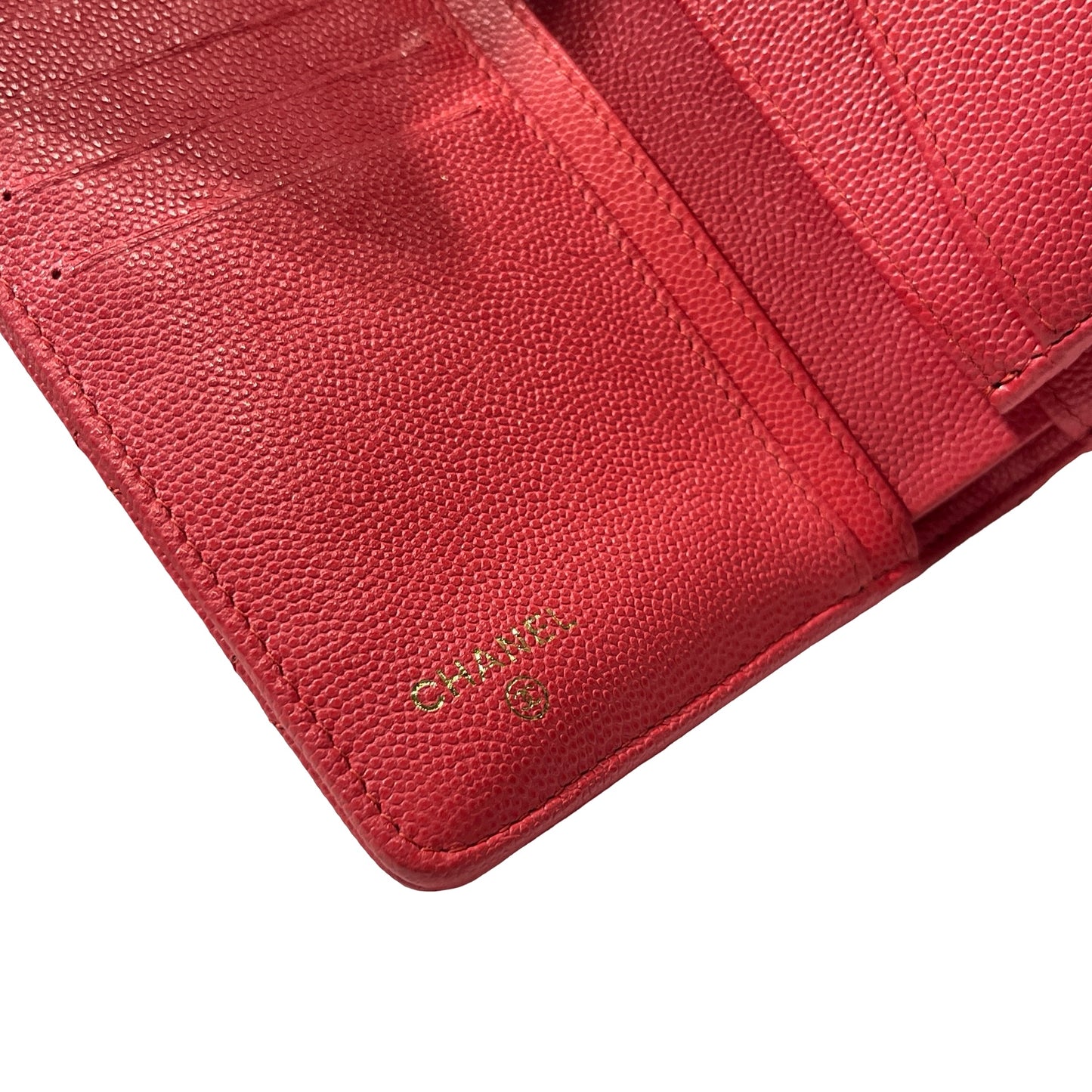 Used CHANEL Calfskin Leather Wallet Red GHW