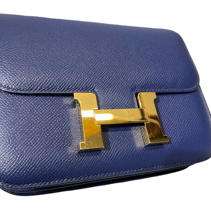 Used HERMÈS Calfskin Leather Mini Constance Cross Body Bag Blue
