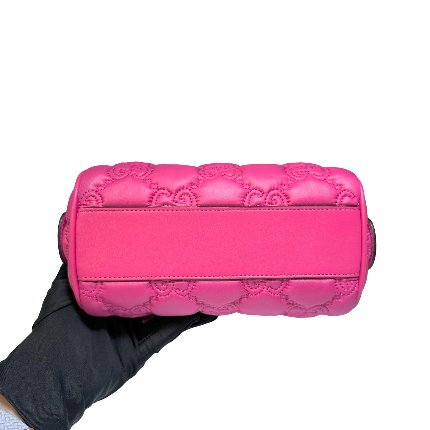 Used GUCCI GG CANVAS Calfskin Leather GG Matelasse Mini Bowling Handbag Pink PHW