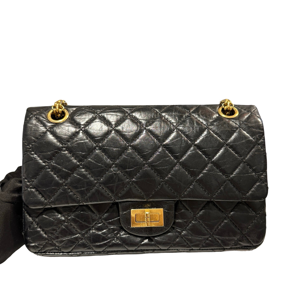Used CHANEL Quilted Aged Calfskin 2.55 Small Chain Shoulder Bag Black Gold