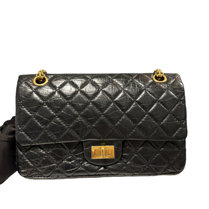 Used CHANEL Quilted Aged Calfskin 2.55 Small Chain Shoulder Bag Black Gold