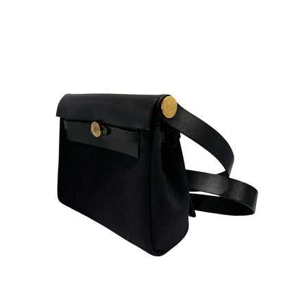 Used HERMES Canvas Leather Mini Herbag Handbag Black GHW