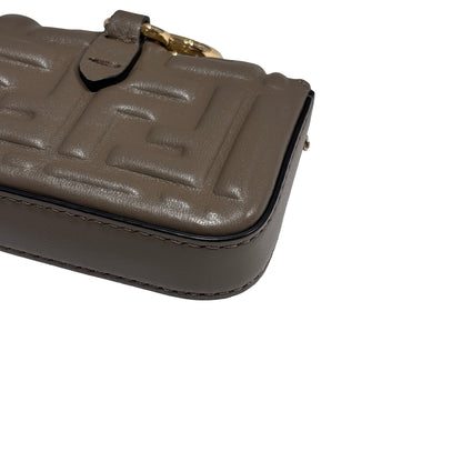 Used FENDI FF Leather Baguette Mini Bag Grey Gold