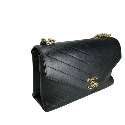 Used CHANEL Calf skin Chevron Top Handle Bag Shoulder Bag Black GHW