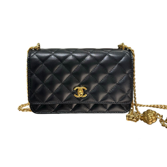 Used CHANEL WOC with Camellia Chain Shoulder Bag Black GHW