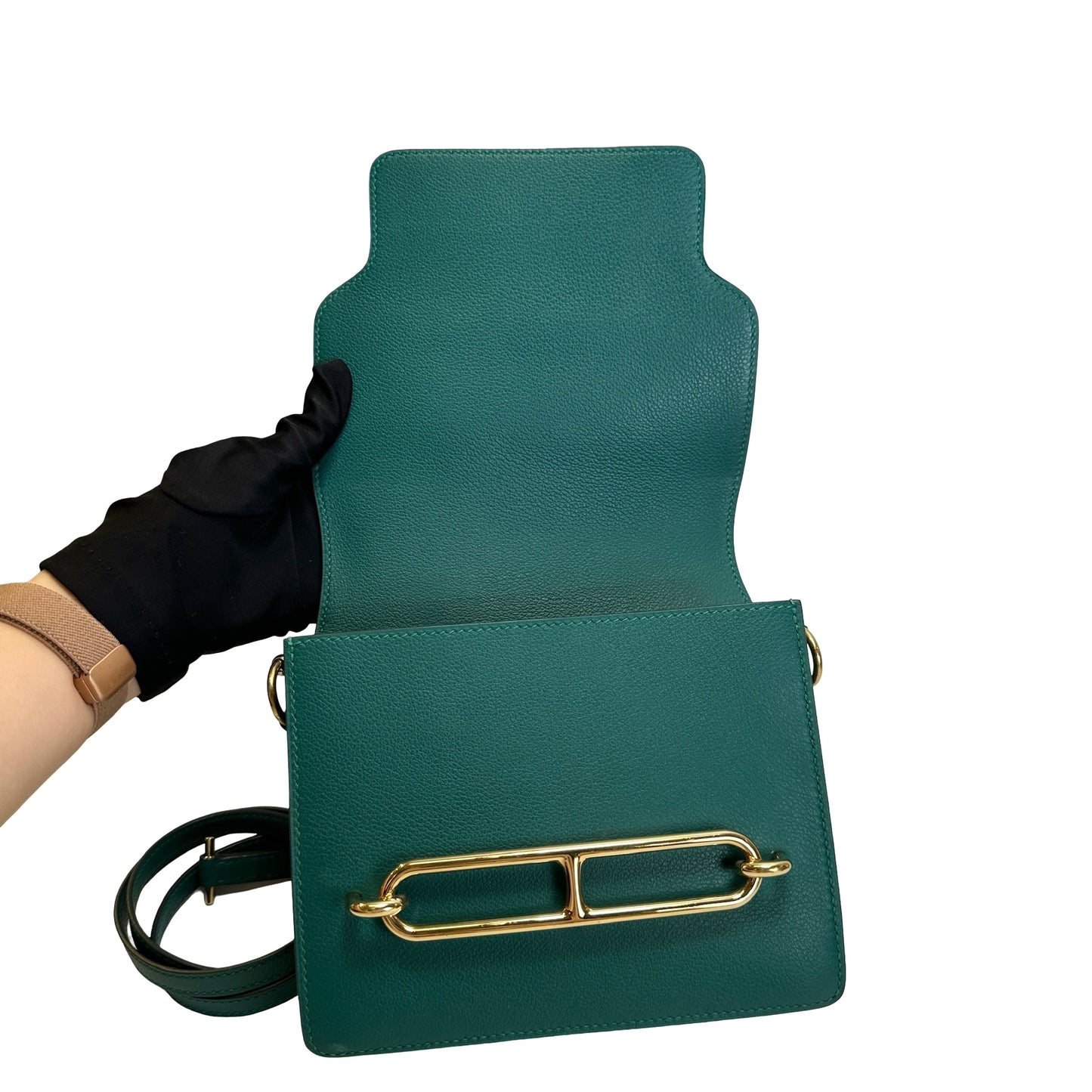 Used HERMES Clemence Mini Roulis Crossbody Bag Green Gold