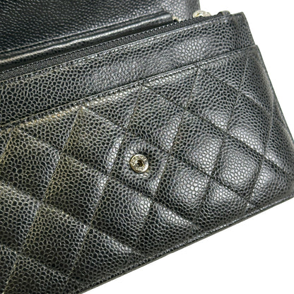CHANEL Quilted Caviar Classic Long Flap Wallet Wallet Black Silver