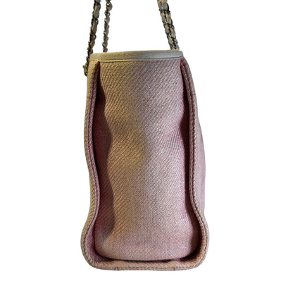 Used CHANEL Canvas Deauville Tote Bag Pink Silver