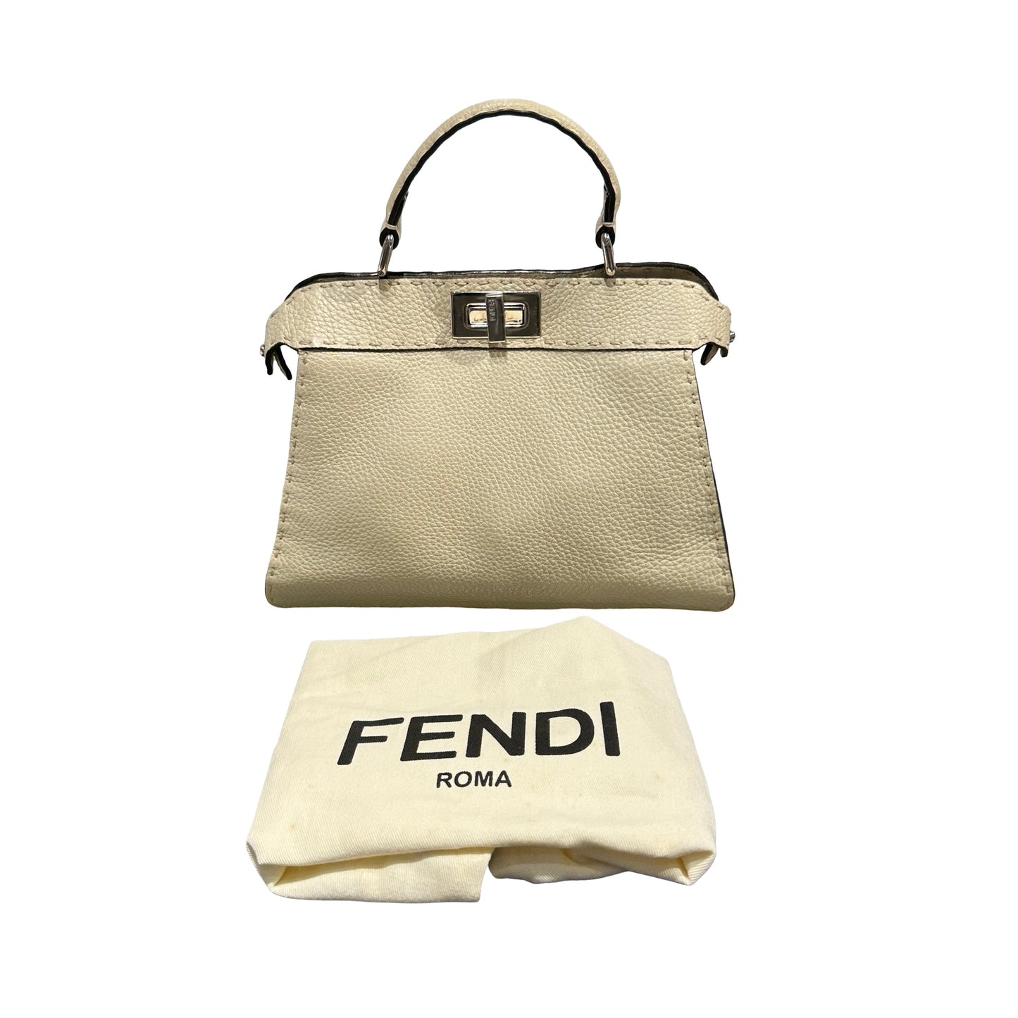 Used FENDI Calfskin Leather Peekaboo Handbag White Beige PHW