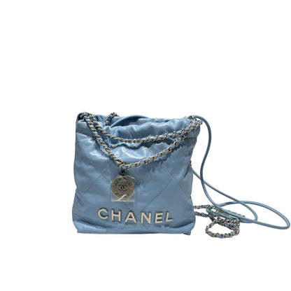 Used CHANEL 22 mini Cross Body Bag Baby Blue GHW