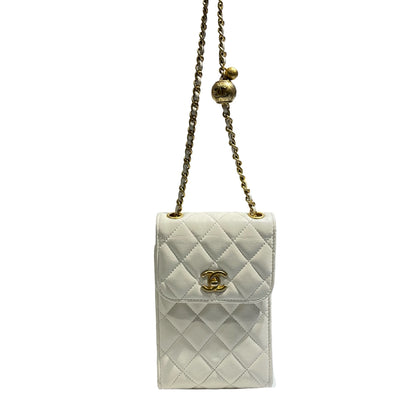 Used CHANEL Phone Holder Shoulder Bag White GHW