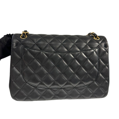Used CHANEL Lambskin Quilted Jumbo Shoulder Bag Black Gold