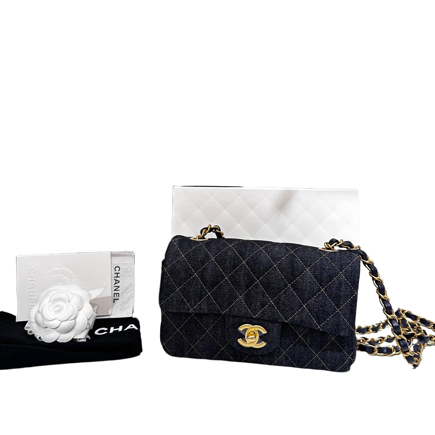 New Chanel Denim Blue Denim Mini Flap 20cm Cross Body Bag Navy GHW