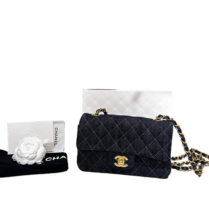 New Chanel Denim Blue Denim Mini Flap 20cm Cross Body Bag Navy GHW