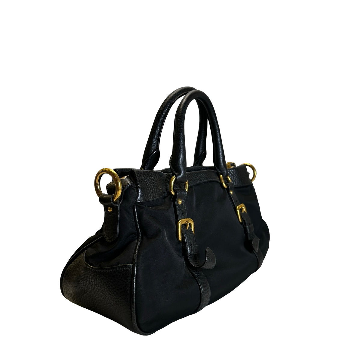 Used PRADA Nylon Leather Tessuto Vitello Daino Satchel Handbag Black Gold