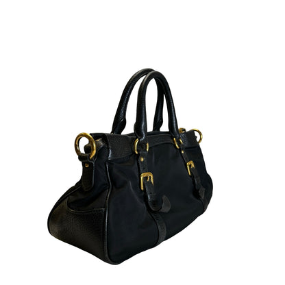 Used PRADA Nylon Leather Tessuto Vitello Daino Satchel Handbag Black Gold