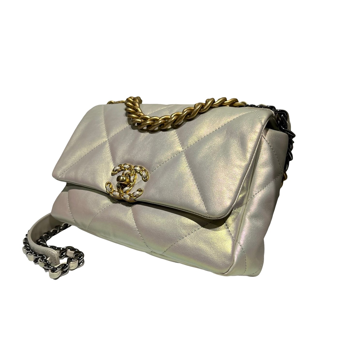 CHANEL 19 SMALL SIZE IRIDESCENT WHITE GHW CHAIN SHOUDLER BAG[3001186]
