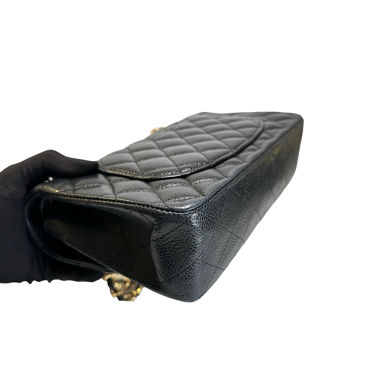 Used CHANEL Quilted Caviar Classic Flap Shoulder Bag Black Gold