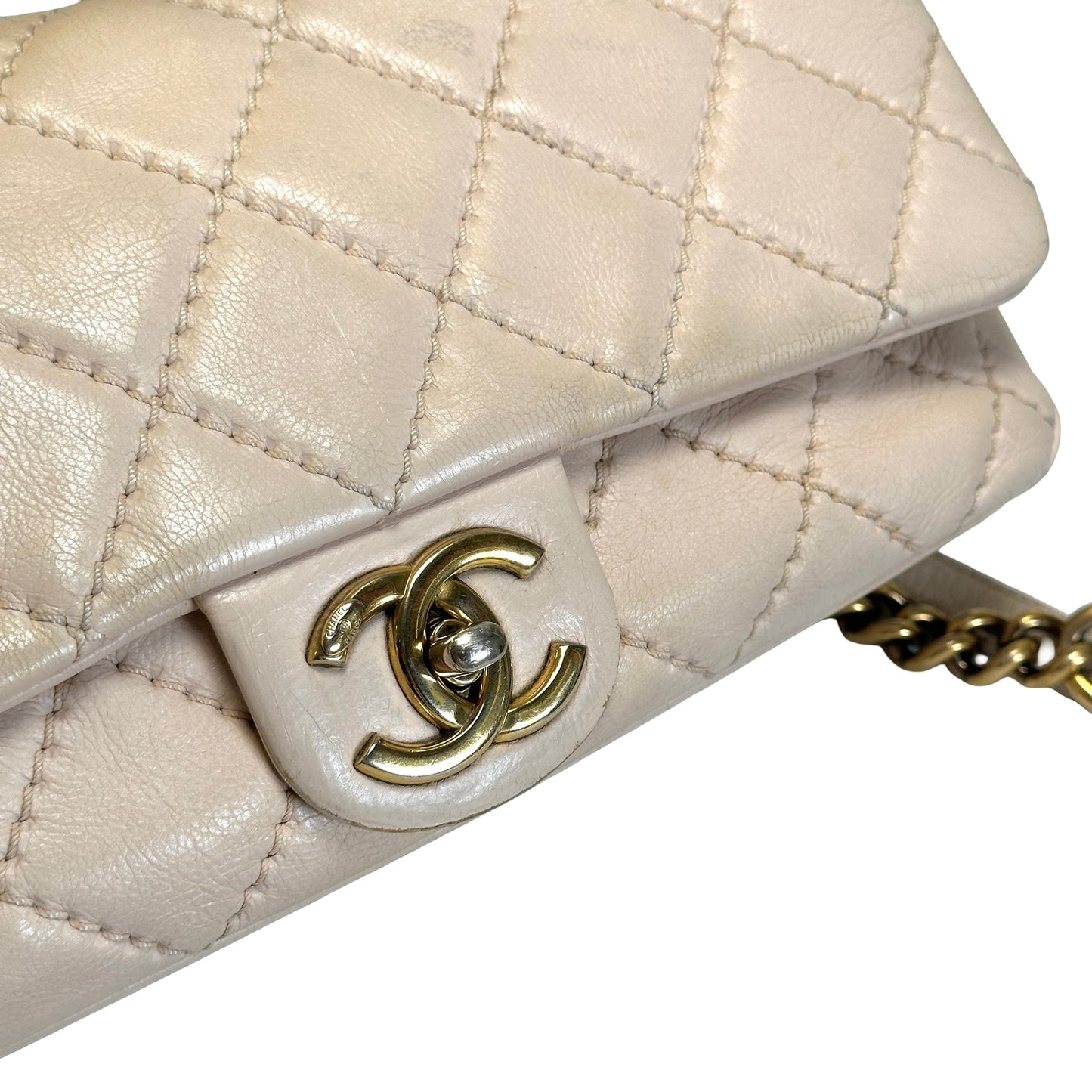 Used CHANEL Quilted Leather Kelly Flap Handbag Beige Gold Tone Hardware