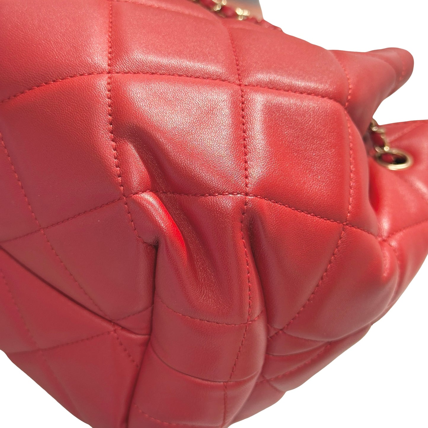 Used CHANEL Lambskin Leather MINI DRAWSTRING BUCKET Cross Body Bag Red