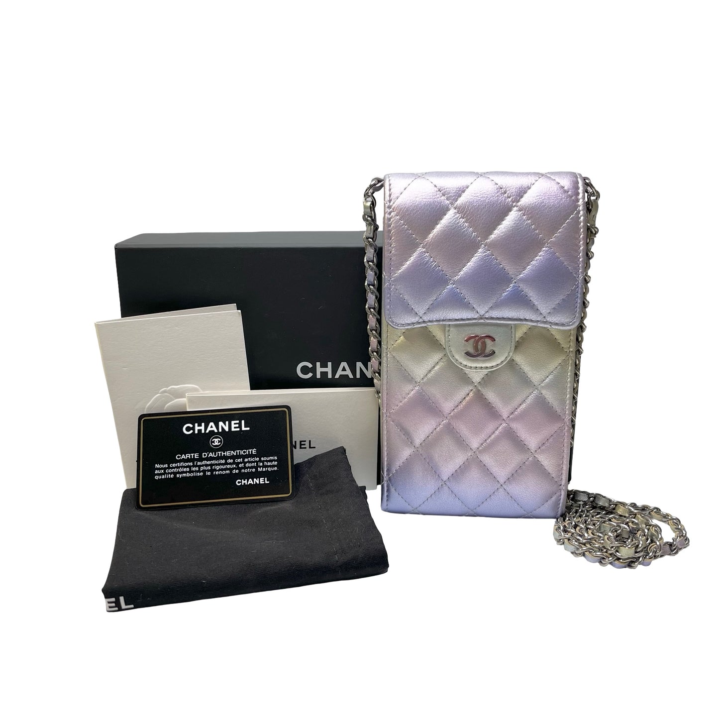 Used CHANEL Quilted Metallic Quilted Phone Bag Phone Bag Ombre Silver Gold Purple