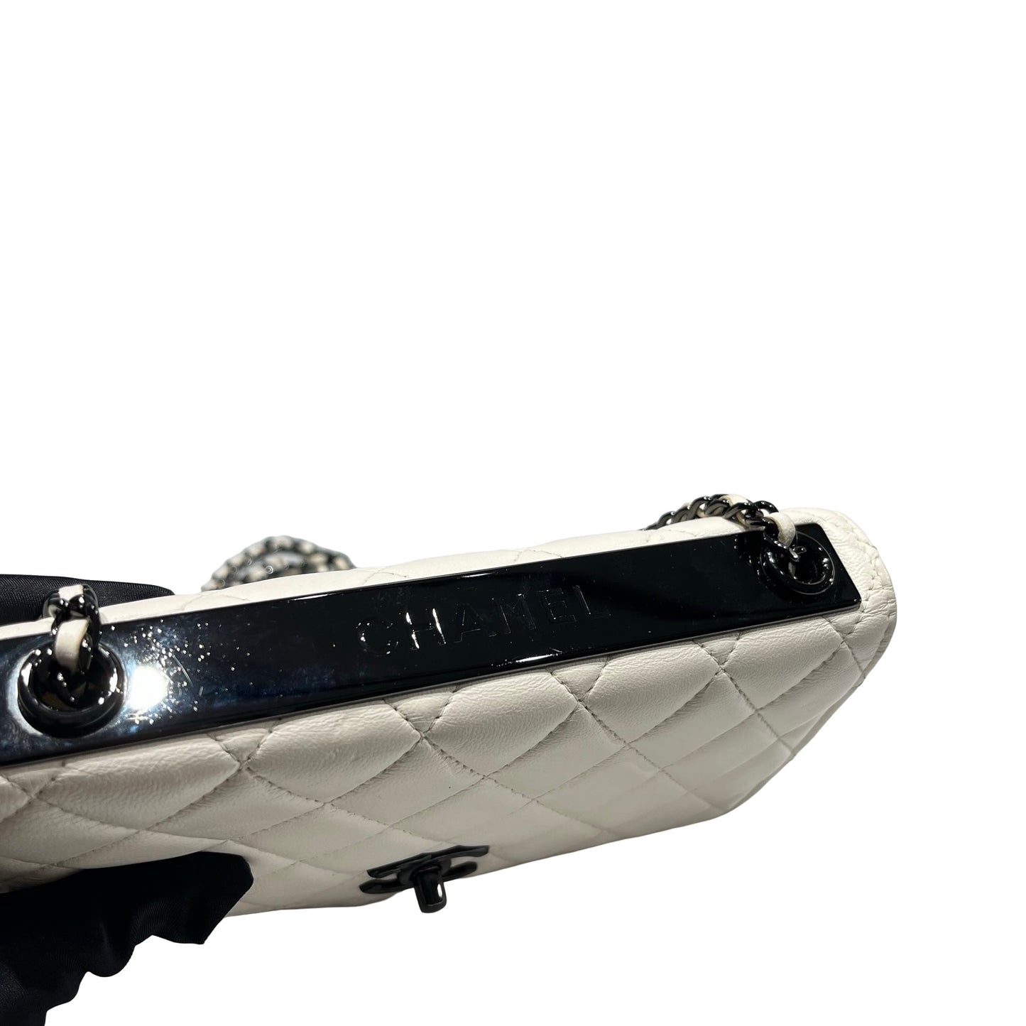 Used CHANEL Lambskin Leather WOC Shoulder Bag White Black Hardware