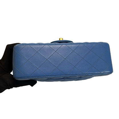 Used CHANEL Quilted Lambskin Classic Flap Handbag Blue Gold hardware