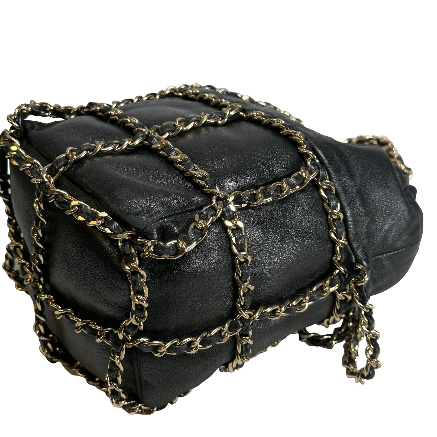 Used CHANEL Leather Drawstring Bag Drawstring Bag Black GHW