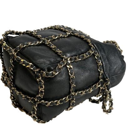 Used CHANEL Leather Drawstring Bag Drawstring Bag Black GHW