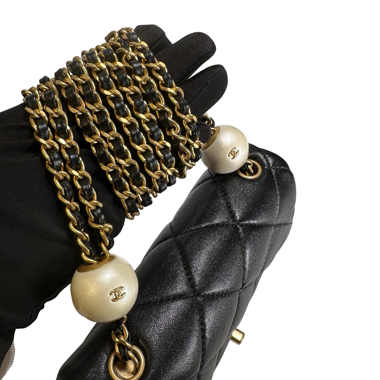 Used CHANEL Lambskin Quilted Mini Flap Bag Pearl Crush Mini Flag Bag with Gold Ball Black Gold