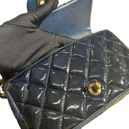 Used CHANEL Patent Leather MINI FLAP 20 CM Chain Shoulder Bag Navy Blue GHW