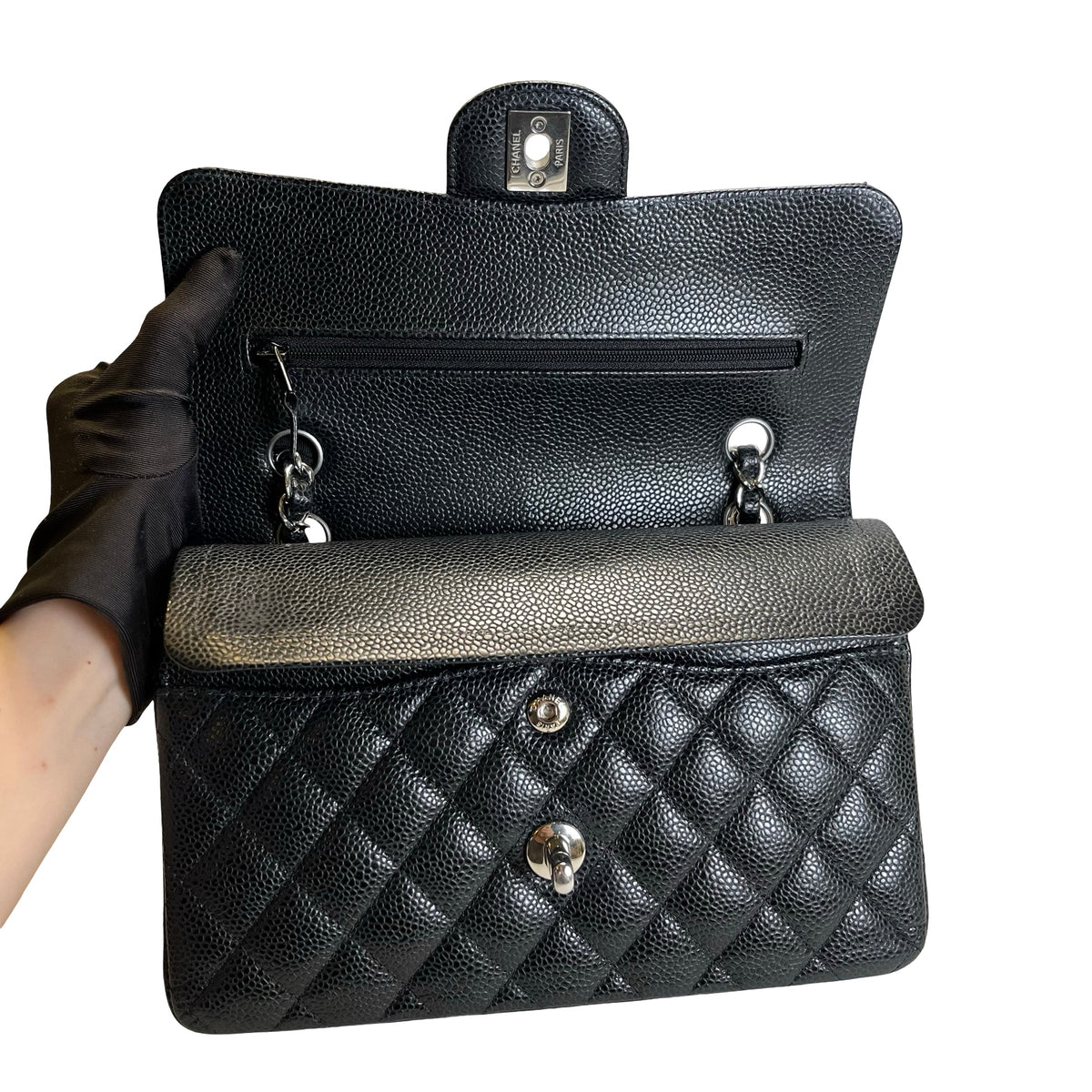 Used CHANEL Quilted Caviar Classic Flap 23 Chain Shoulder Bag Black Silver