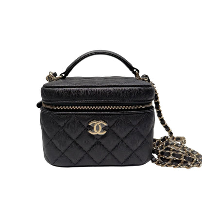 Unused Chanel Calfskin Leather Vanity Case Cross Body Bag Black GHW