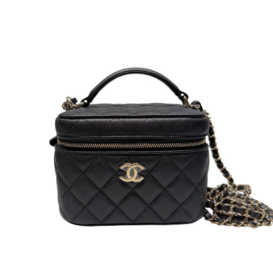 Unused Chanel Calfskin Leather Vanity Case Cross Body Bag Black GHW