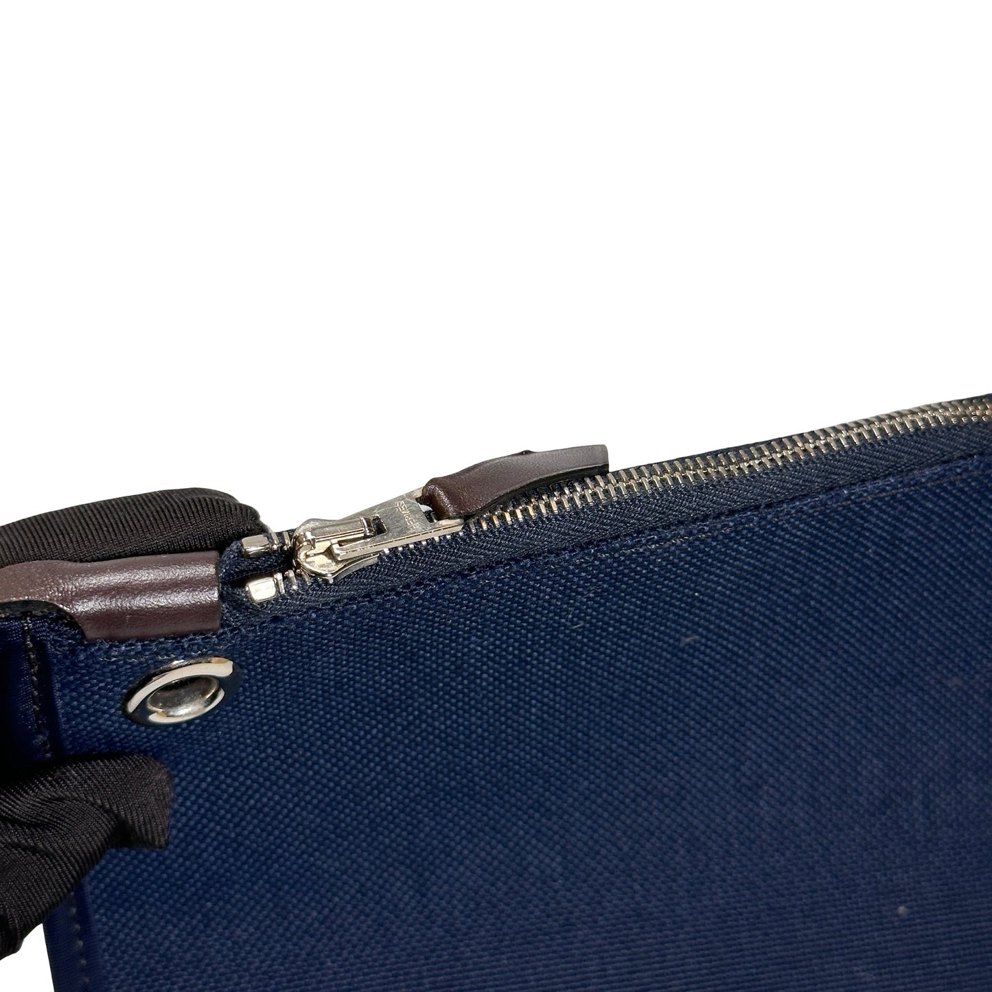 Used HERMES Toile Hunter Herbag Zip Handbag Navy Blue Brown