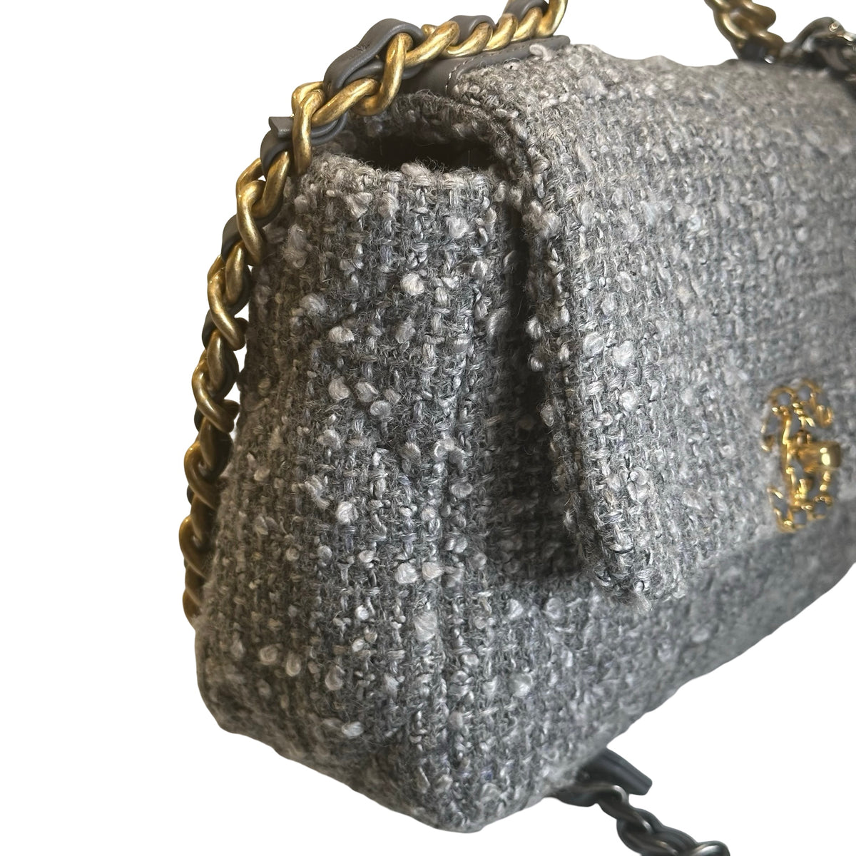 Used CHANEL Tweed Chanel 19 Chain Shoulder Bag Grey，GHW